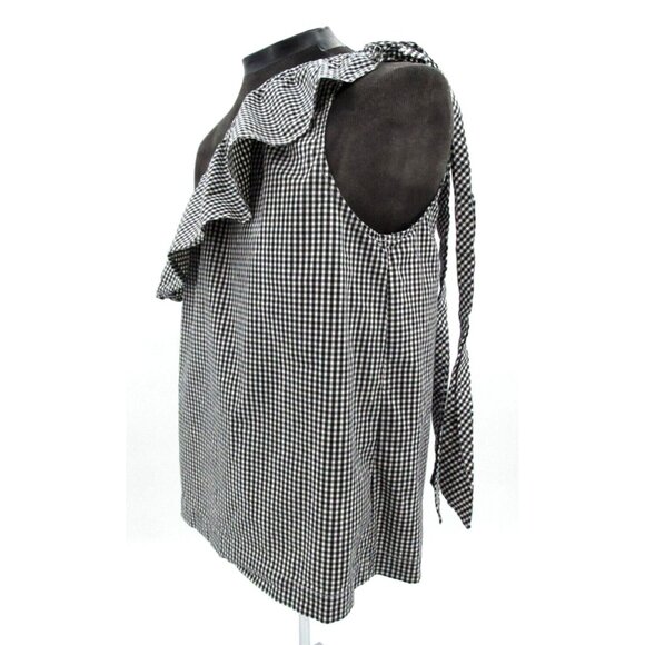 Vineyard Vines Blouse Womens 12 Plaid Stretch Seersucker Ruffle One Shoulder Tie - Picture 2 of 13